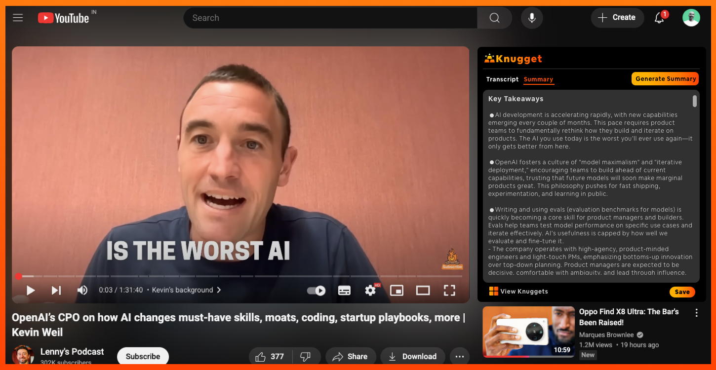 Knugget Chrome Extension in action on YouTube