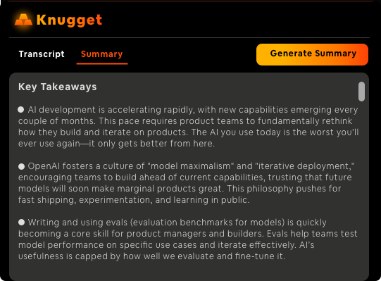 Knugget YouTube video summarization feature